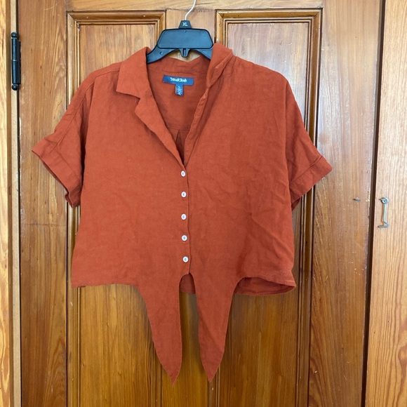 Rust tie-front button-up crop - Picture 2 of 6